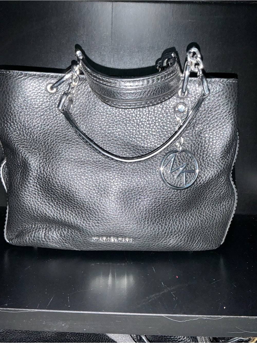Michael Kors Black Pebbled Leather Shoulder Bag with MK Charm